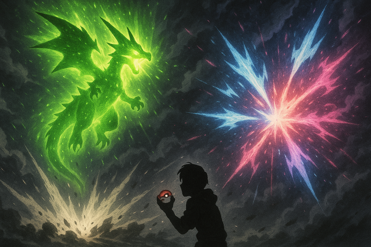 Small hero silhouette raising a red orb toward a stormy sky—green winged giant and a pink-blue cosmic blast collide overhead, awe, fear, and victory-on-the-edge energy
