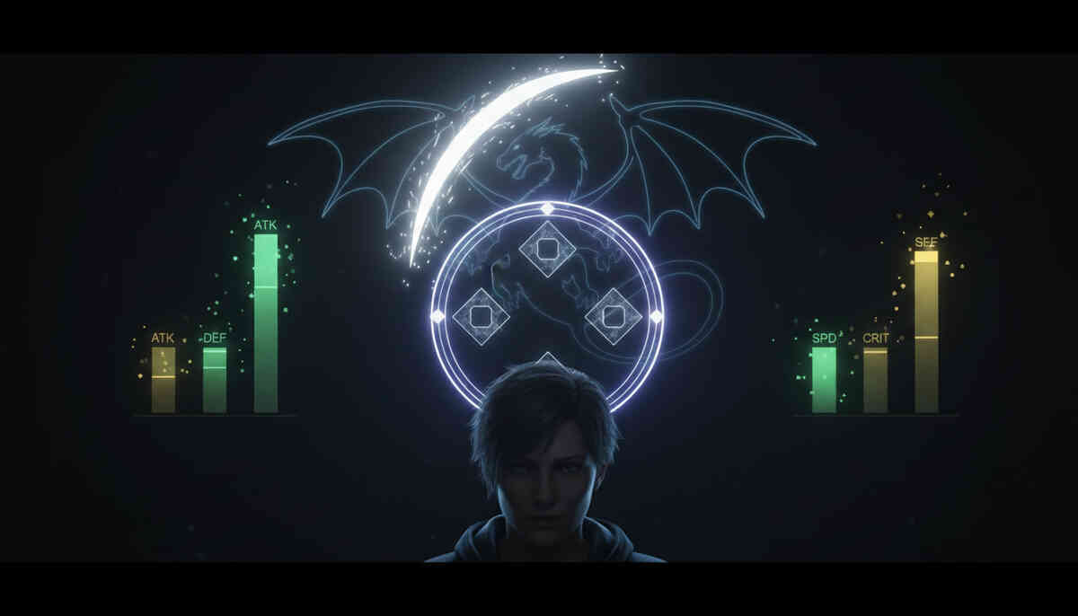 Shadowy training room with a glowing dragon outline and stat bars—attack/defense/speed spikes under neon runes, ruthless optimization mood and “power up now” urgency