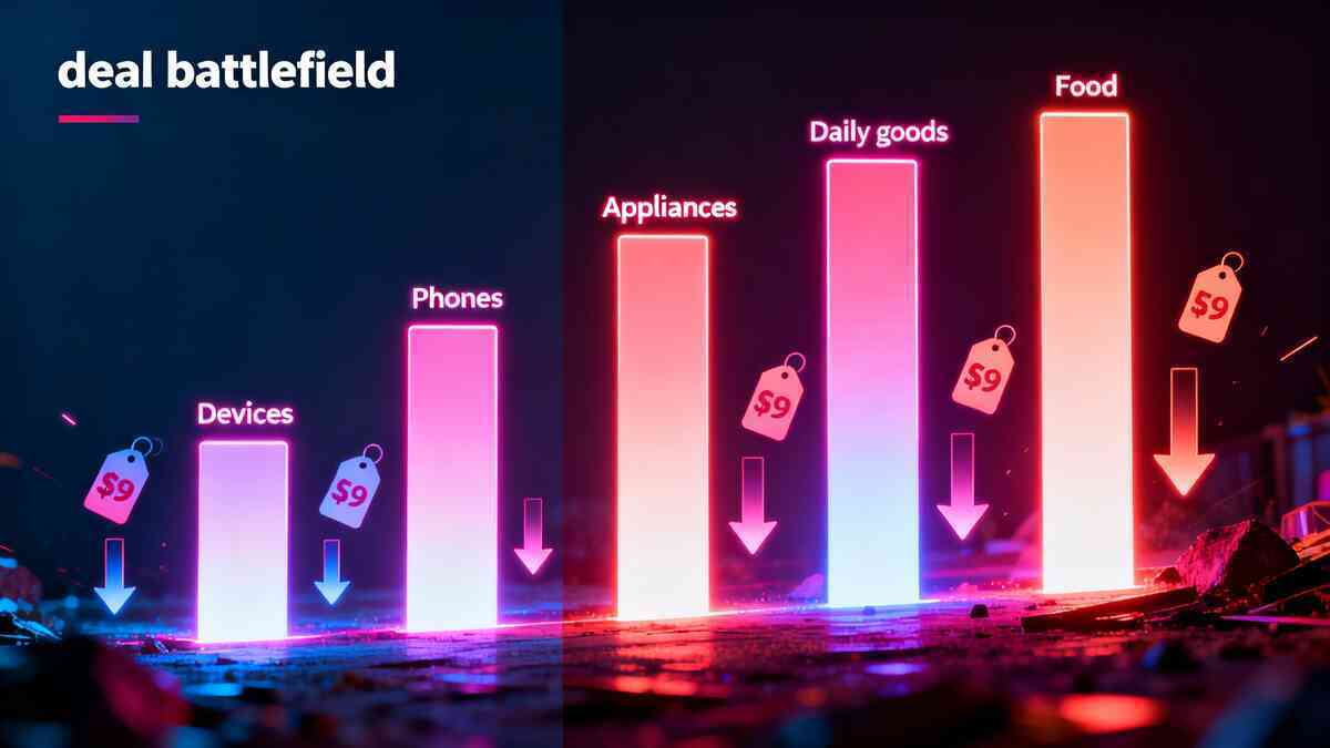 Neon “deal battlefield” bar chart with price tags and plunging arrows—category-by-category discount showdown, high-stakes adrenaline, hunting-for-the-best thrill