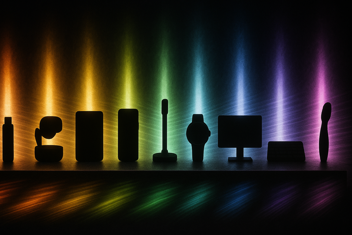 Moody silhouette lineup of everyday gadgets under rainbow spotlights—wish-list temptation, sleek tech desire, the electric feeling of choosing your winners