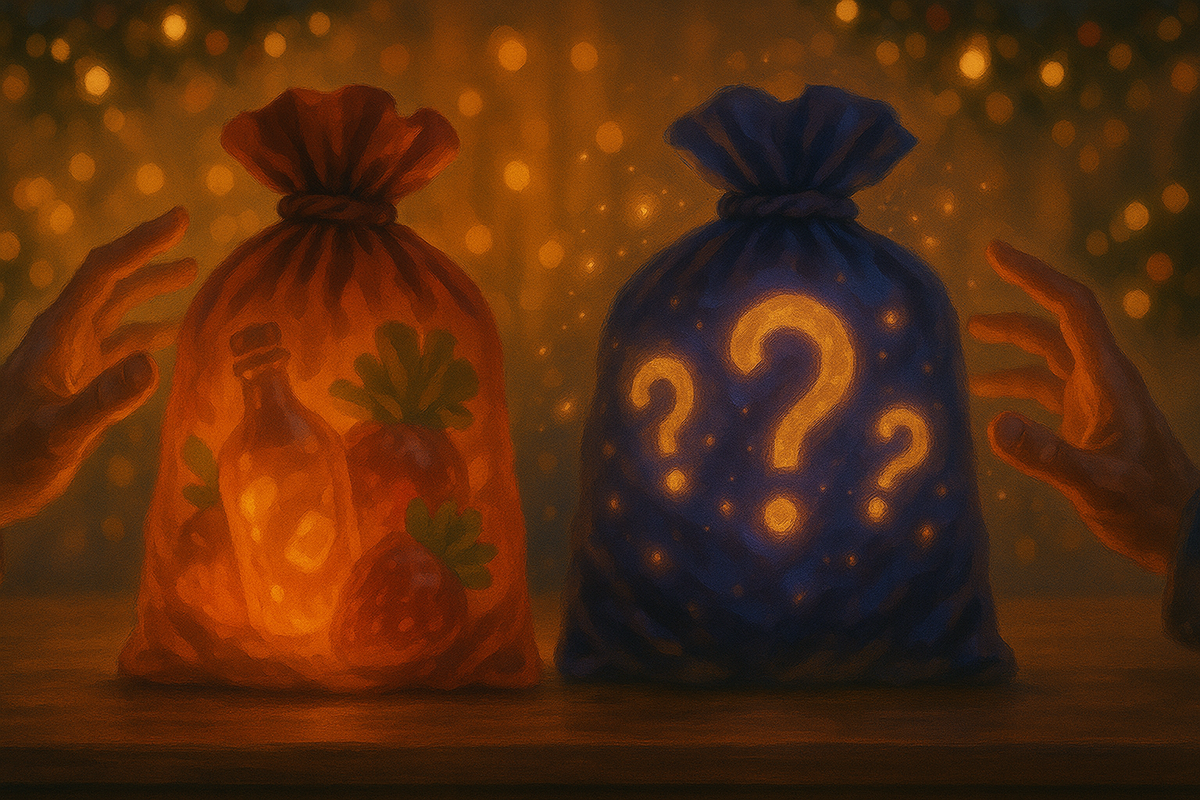 Two lucky bags: one transparent with visible goodies, one mysterious with glowing question marks—curiosity vs certainty, playful suspense, jackpot hope in your hands