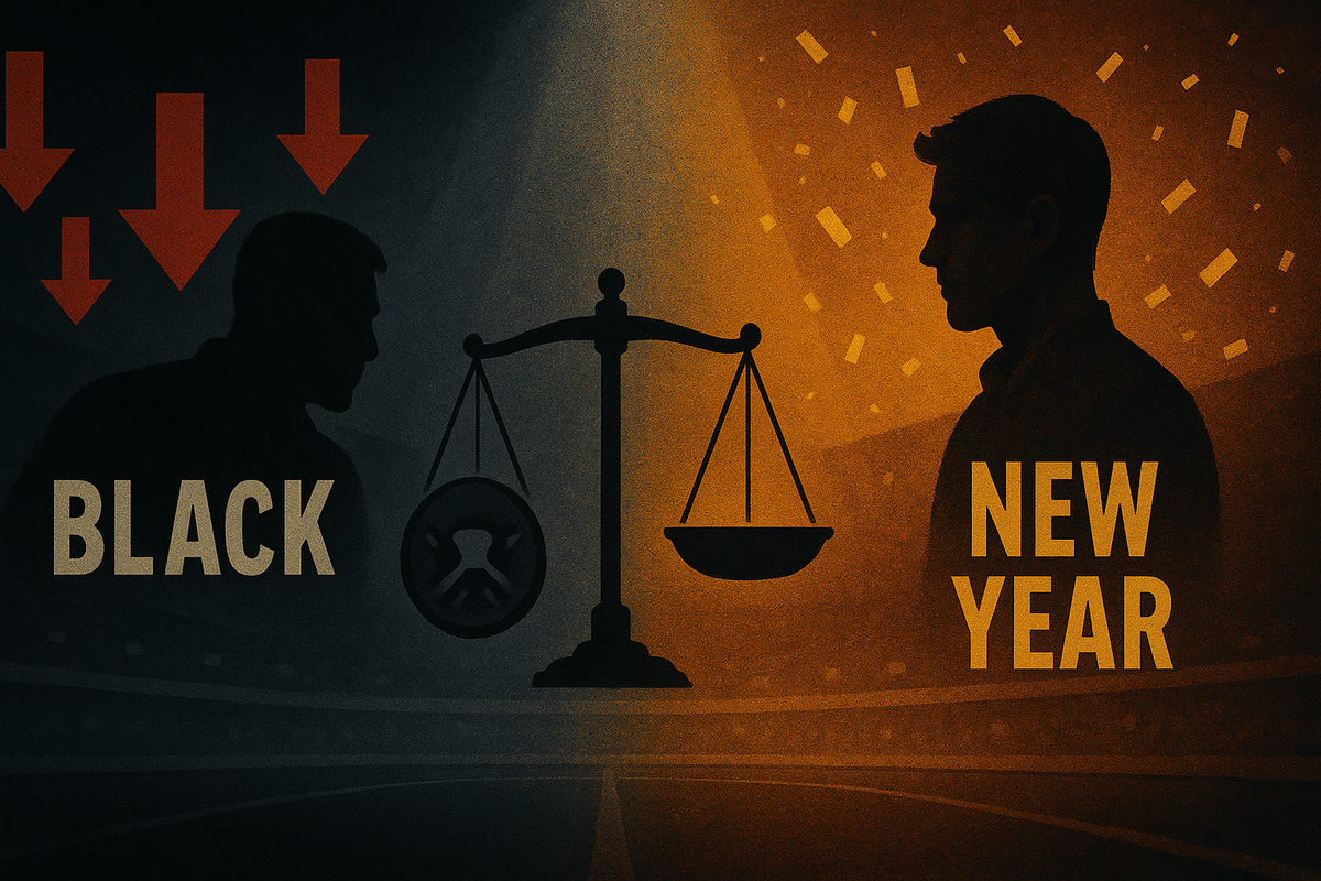 Split-screen face-off: “BLACK” vs “NEW YEAR” with a balance scale and falling arrows—comparison drama, decision pressure, the relief of picking the smarter sale