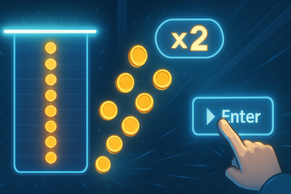Floating coins and a glowing “x2” bonus beside a finger hitting “Enter”—reward rush, points-boost excitement, one decisive tap to maximize savings