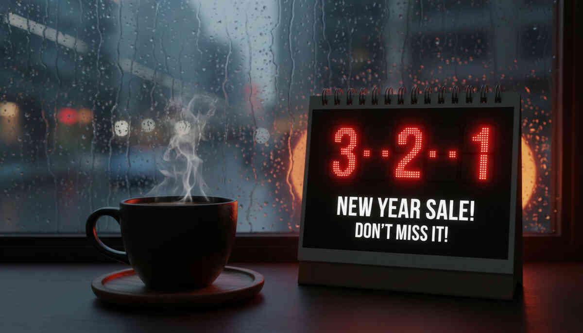 Countdown adrenaline—five days of deals igniting in a cold New Year dawn.