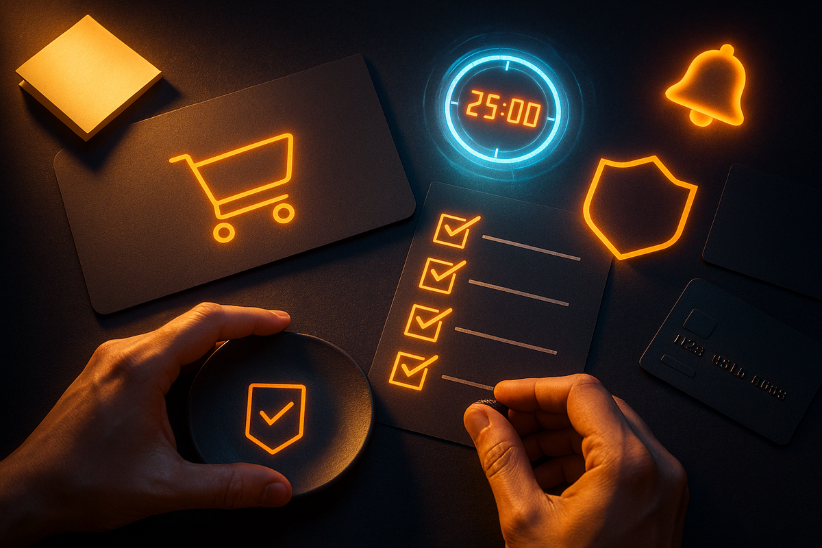 Hands building a “ready to win” checklist—cart, timer, alerts, shield security, and card—focused determination, calm control, and that pre-sale adrenaline rush