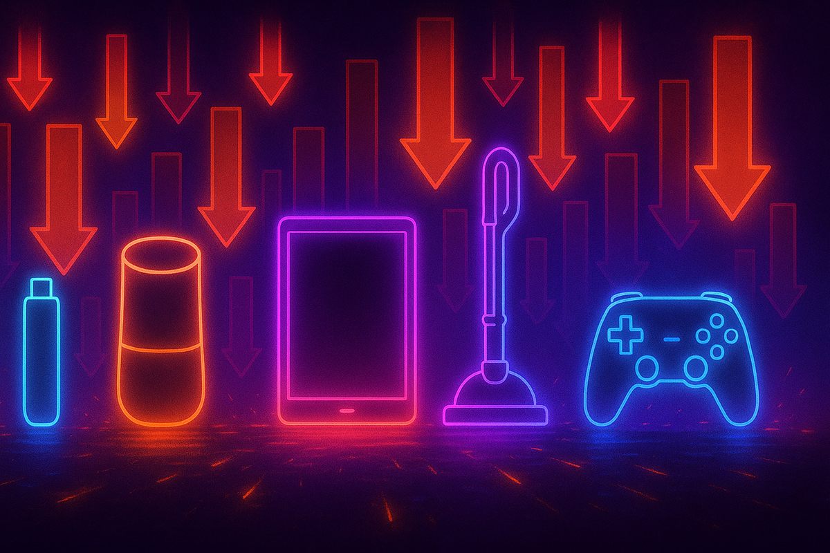 Neon silhouettes of hot categories (beauty, gadgets, home tools, gaming) under falling price arrows—electric bargain-hunt energy, dopamine drops, and “buy now” urgency