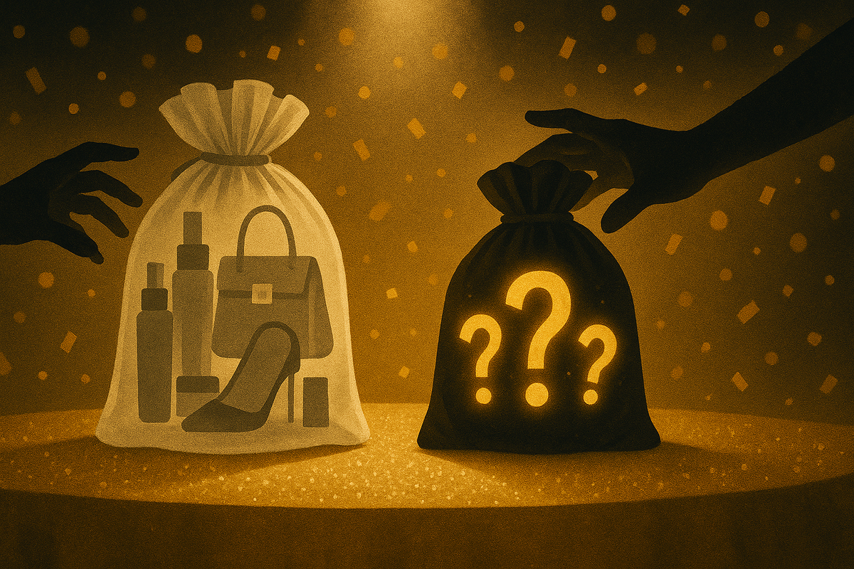 Two lucky bags side-by-side: one with visible goodies, one mysterious with glowing question marks—tug-of-war between certainty and thrill, playful temptation, heart-racing suspense