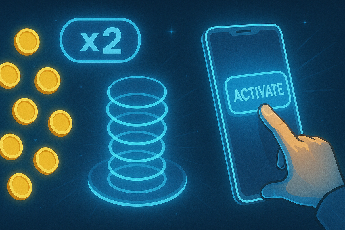 Finger pressing ACTIVATE on a phone as coins multiply with x2—satisfying points boost, instant reward vibes, and the addictive rush of maximizing cashback