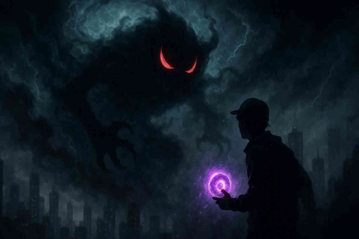Storm-choked skyline as a colossal shadow nightmare looms with ember eyes—one lone trainer silhouette gripping a violet spiral charm, raw fear turning into defiant courage