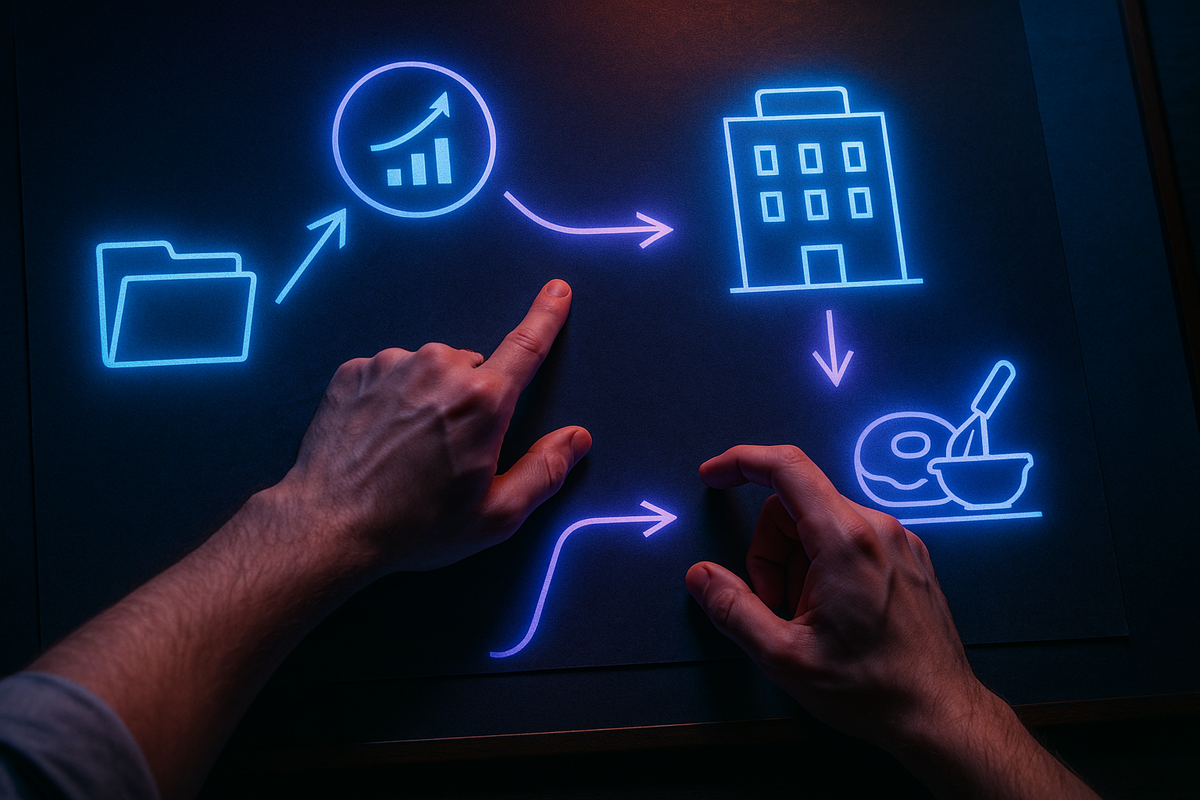 Hands tracing a glowing mission flowchart—files → progress graph → hub building → donut crafting—focused, can’t-fail momentum with a “finally I get it” relief