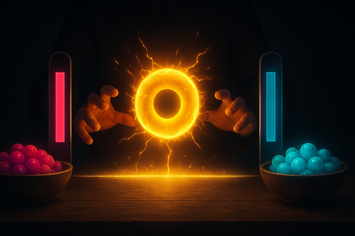 Electric golden donut suspended between red and blue power meters, bowls of rare berries at the ready—tense, high-stakes recipe tuning with victory-or-bust energy