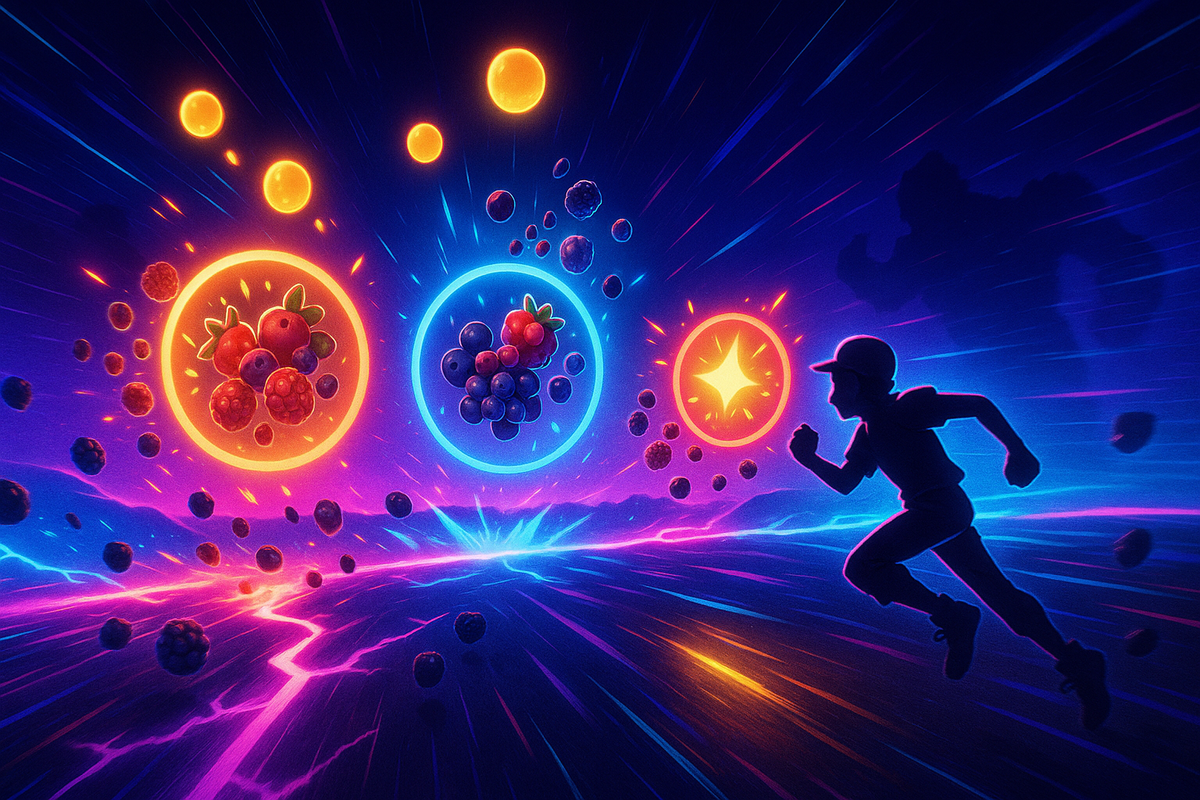 Neon warp-tunnel sprint past floating berries and a blazing star buff—adrenaline rush, split-second decisions, “don’t miss this drop” intensity