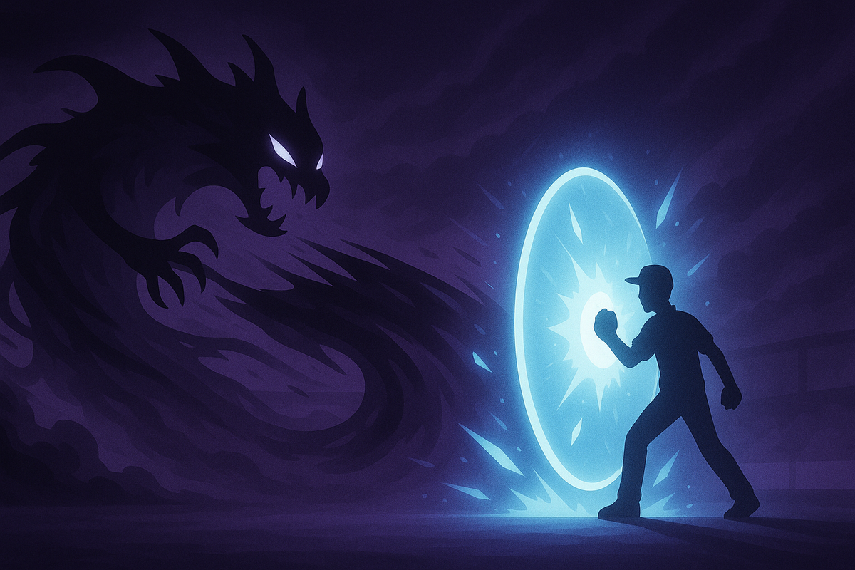 Silhouette bracing behind a bright blue shield as a shadow beast surges forward—pure survival focus, clenched resolve, last-stand determination