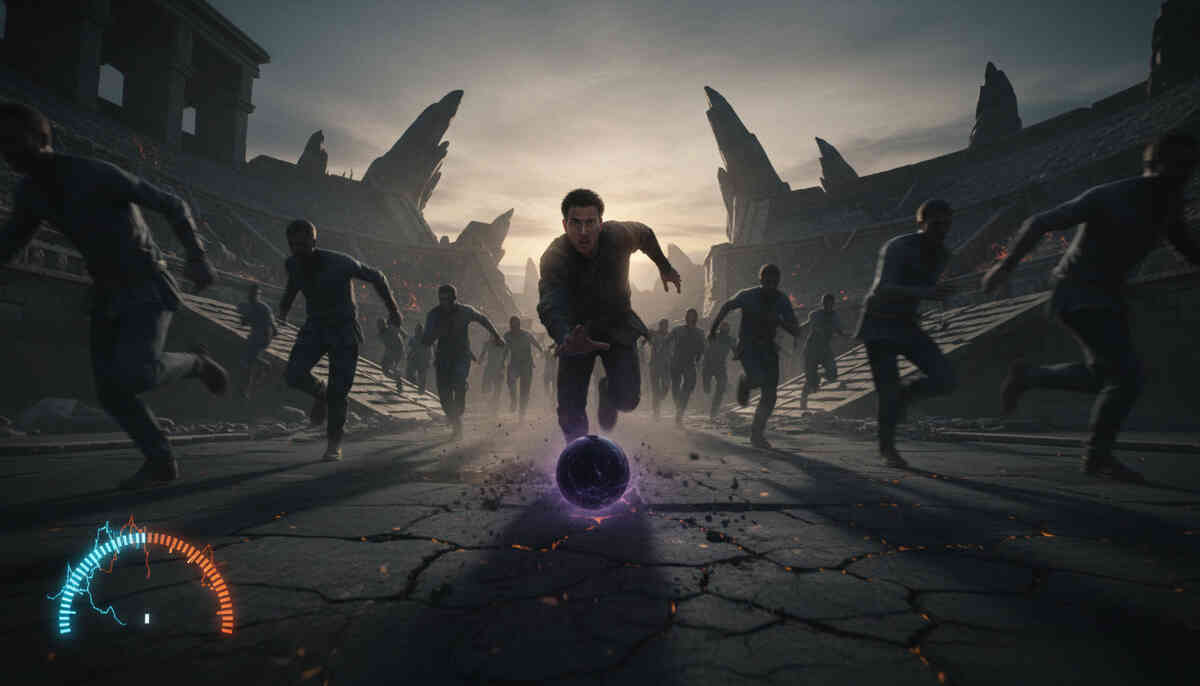 Cinematic chase through shattered ruins toward a pulsing dark orb, crowd closing in, stamina gauge flickering—panic, urgency, and a desperate push to endure