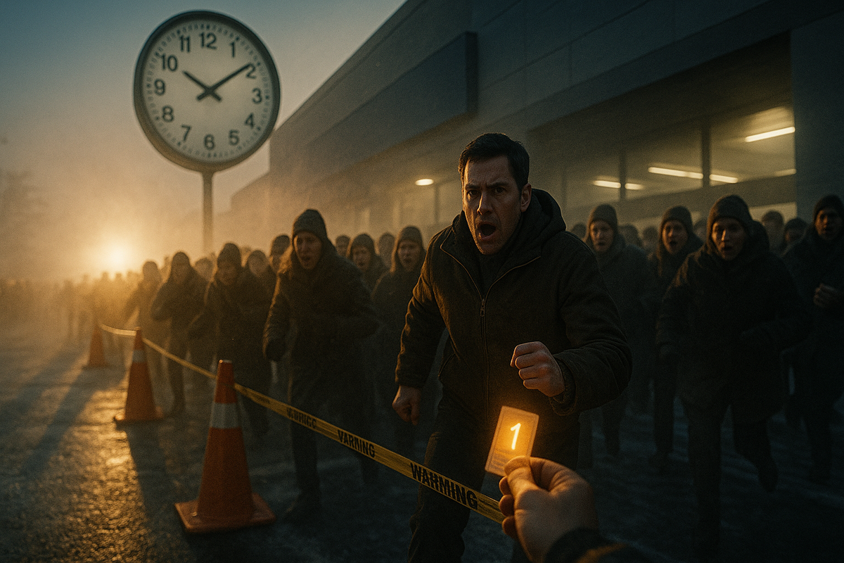 Dawn chaos outside an unbranded electronics store—giant clock looming, foggy breath, rushing crowd, a glowing ticket in hand—do-or-die urgency, primal determination, heart-racing “now or never” energy