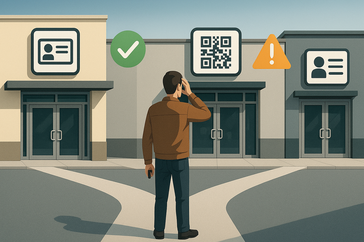 Crossroads of unbranded storefronts with giant icons—ID check and green approval vs QR warning and caution signs—choice anxiety, sharp clarity, decisive “pick the winning door” tension