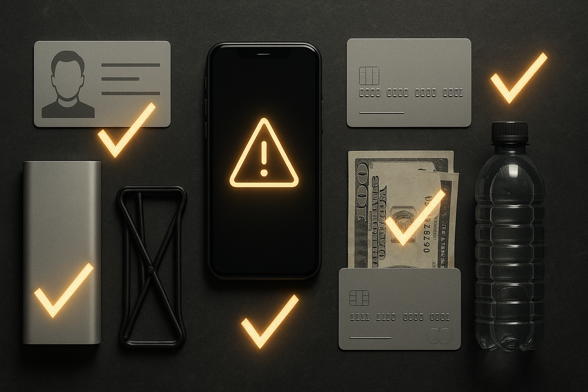 Dark flat-lay survival kit—ID card, bank cards, cash, power bank, water bottle, phone with warning glow, bold checkmarks—calm control under pressure, readiness confidence, zero-mistakes vibe