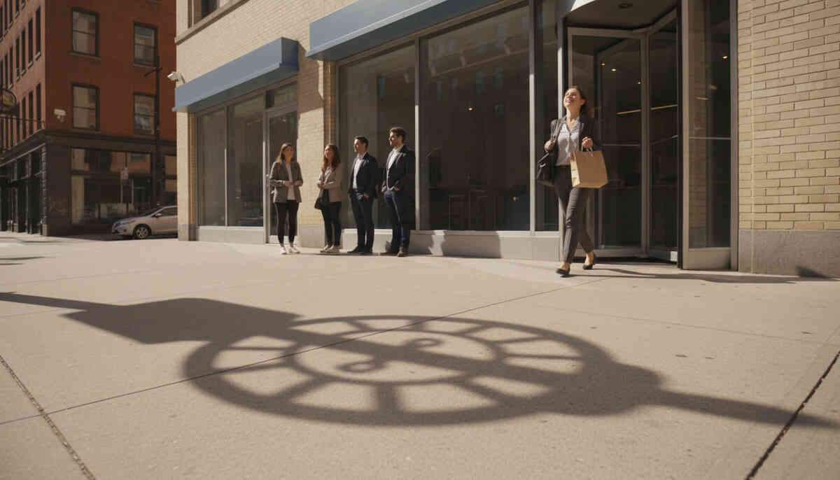 Sunny weekday sidewalk outside an unbranded store—quiet line, long clock-shaped shadow, a smiling shopper walking out with a bag—unexpected relief, warm luck, serene “weekday loophole win” joy