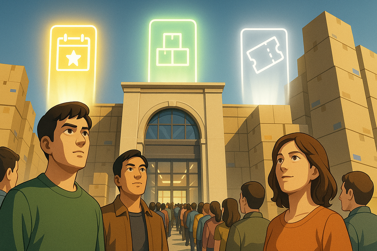 Daylight mega-store entrance stacked with cardboard boxes—long hopeful line, three glowing icons (weekend streak, big stock, ticket)—optimistic pressure, epic “this is the best bet” confidence