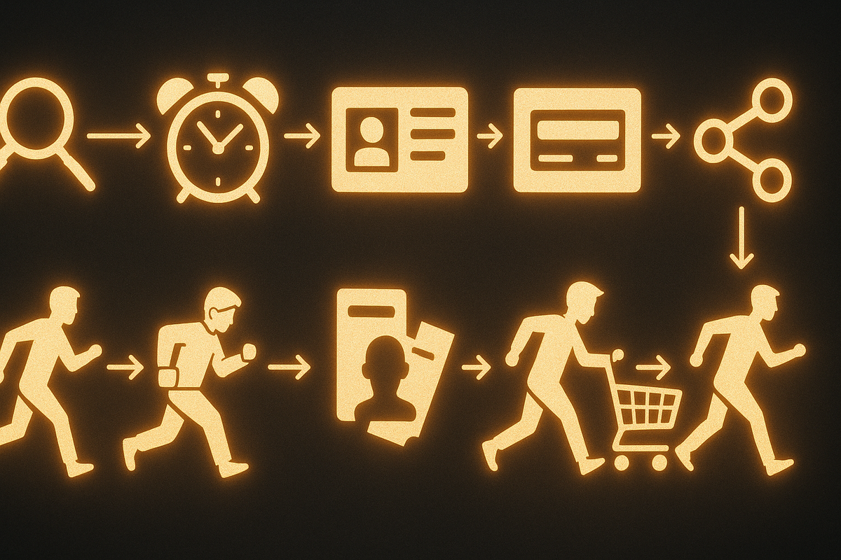 Golden step-by-step icon strip—search → alarm clock → ID card → payment → share—clean execution flow, focused discipline, satisfying “follow this and win” certainty