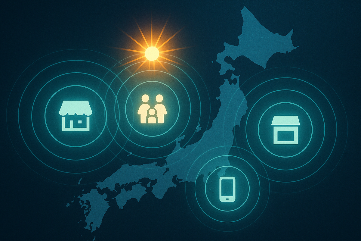 Japan map with ripple zones and store/family/phone icons under a bright sun—strategic targeting mood, calm clarity, “find the hidden hotspot” hunter’s excitement
