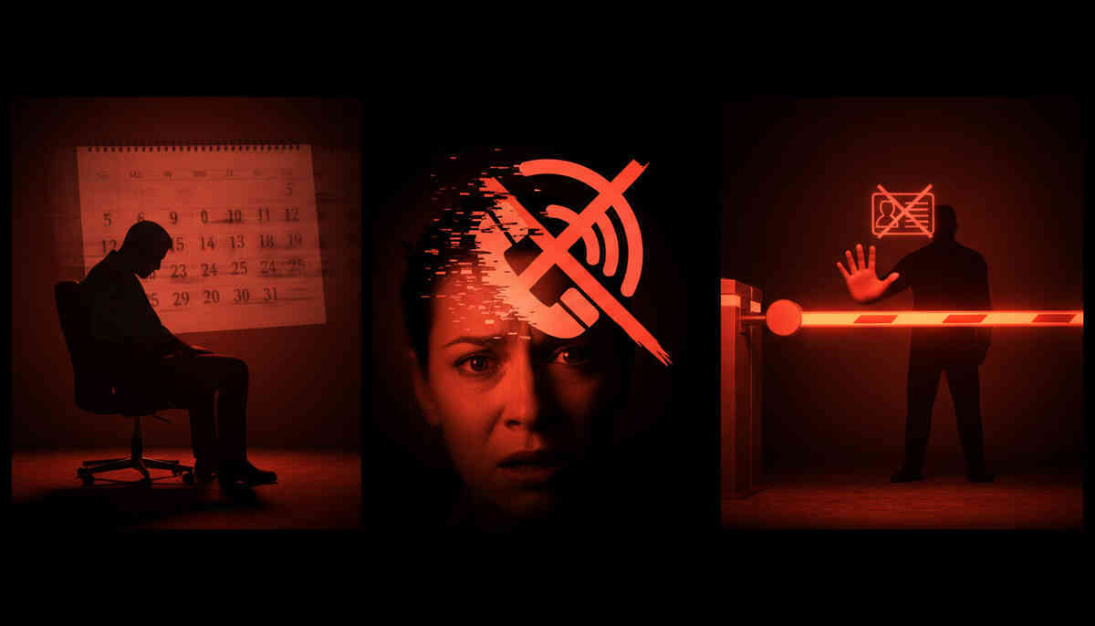 Red warning triptych—procrastination shadow, muted phone panic, blocked at the barrier—fear-driven clarity, harsh consequences, “don’t sabotage yourself” dread
