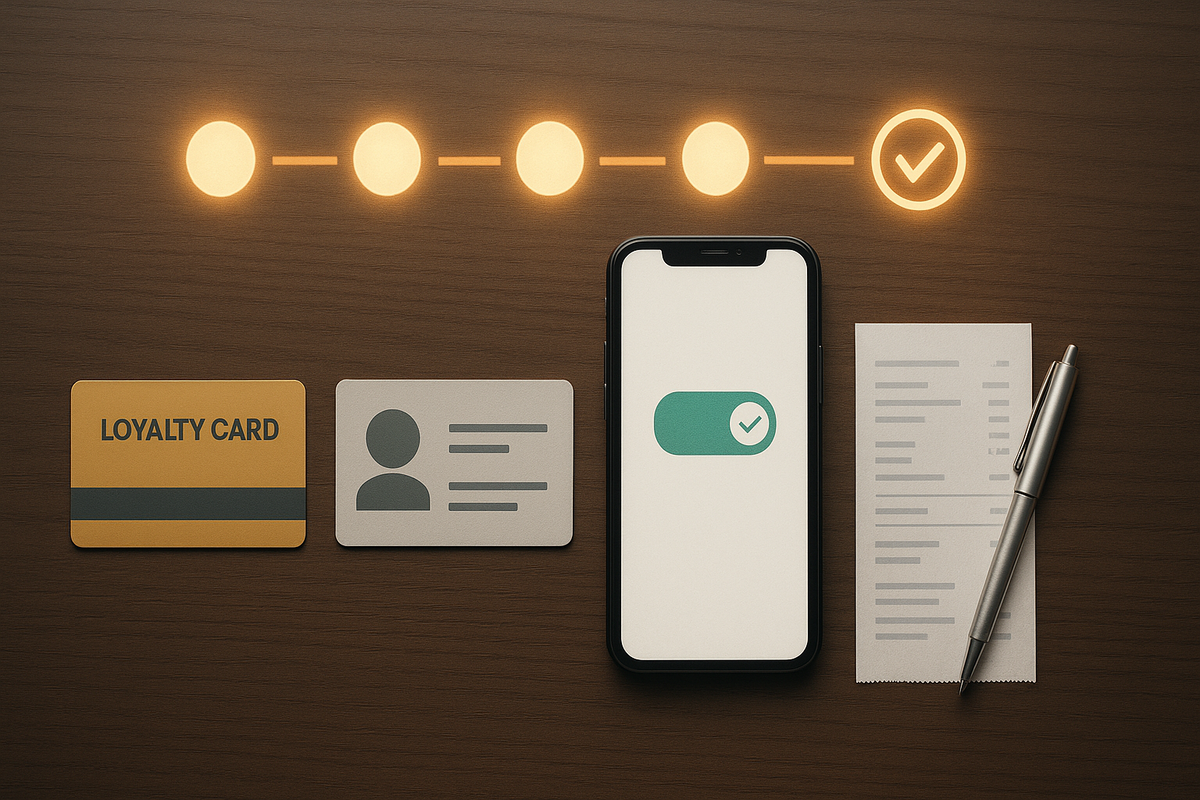 Loyalty card, ID card, smartphone confirmation, receipt, and pen neatly arranged on a wooden desk—calm readiness, quiet confidence, “I’m prepared” relief