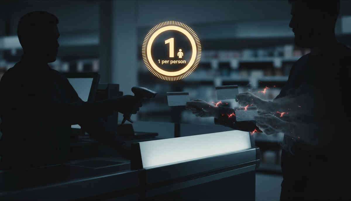 Three unbranded storefront choices with checkmarks and warning icons, a person at a forked path—decision tension, high-stakes selection, determined resolve