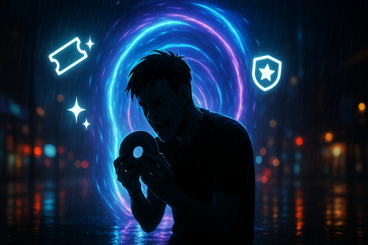 Rain-soaked gamer clutching a plain donut in front of a neon portal—ticket, sparkle, and shield icons hovering; raw frustration, electric hope, “this is the key” urgency