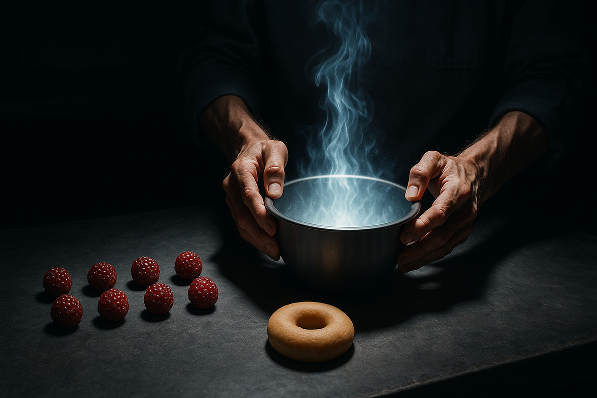 Hands bracing a steaming metal bowl in a dark kitchen-lab, rare berries lined up beside a plain donut—ritual-like focus, tense precision, power about to ignite