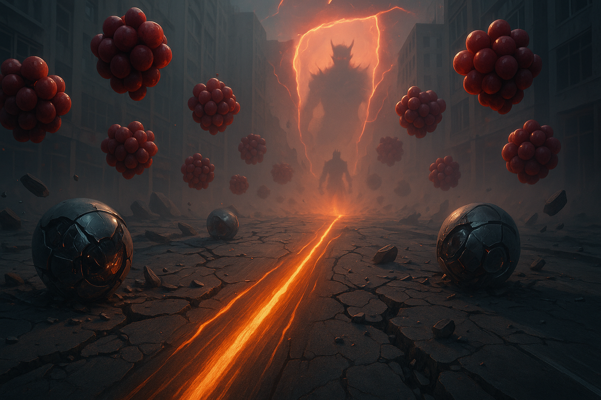 Cracked city street split by a molten rift leading to a towering shadow, floating clusters of red berries drifting in the haze—danger-charged roadmap, adrenaline, rare-loot obsession