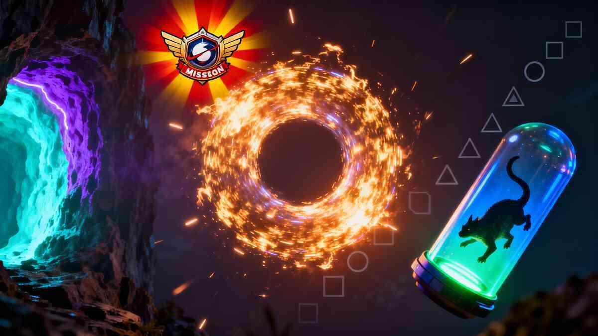 Exploding ring of fire beside a glowing cavern, mission crest blazing overhead and a capsule holding a shadow creature—high-stakes hunt sequence, sparks flying, triumphant momentum