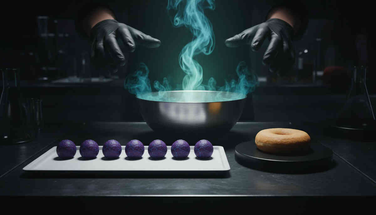 Dark laboratory scene—gloved hands hovering over a steaming metal bowl with teal vapor, six shimmering purple berries aligned beside a plain donut; alchemy meets science, power awakening, calm before ignition