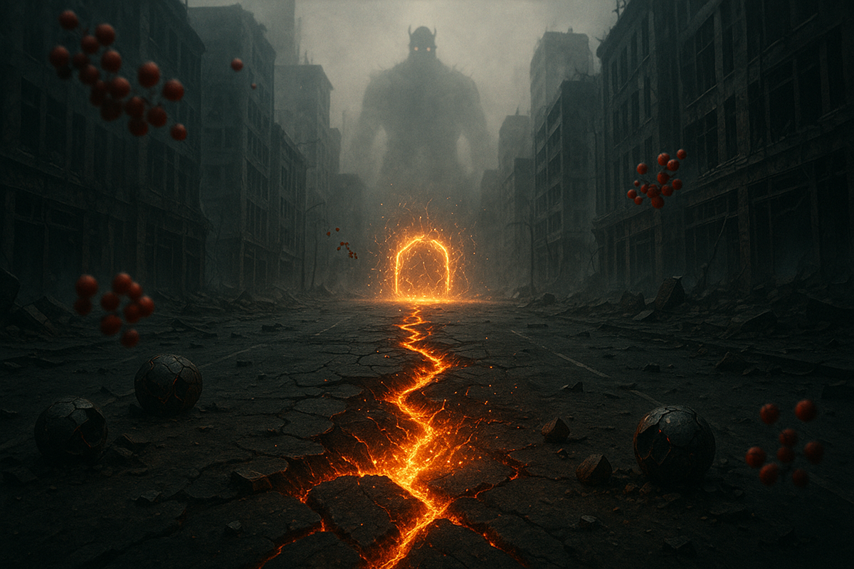 Apocalyptic city street split by a molten crack leading to a fiery portal; colossal shadow looms in mist, floating red berries drift like embers; dread and destiny collide in molten determination