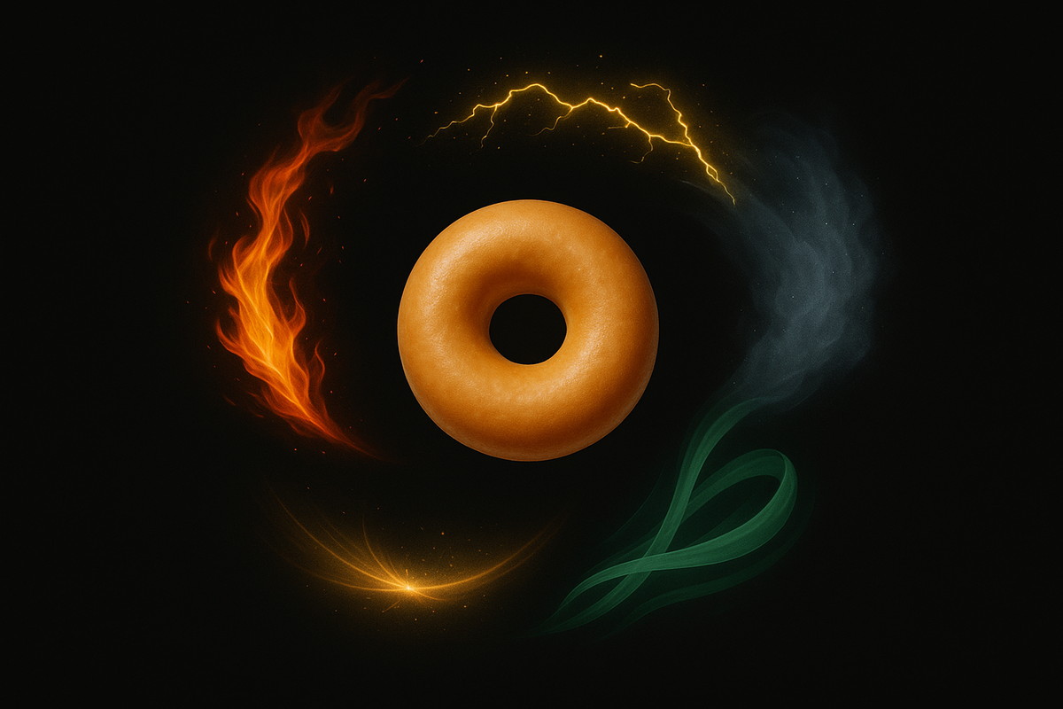 Golden donut floating in darkness, surrounded by swirling fire, lightning, wind, and green energy—elemental harmony, glowing aura, perfect balance of chaos and control