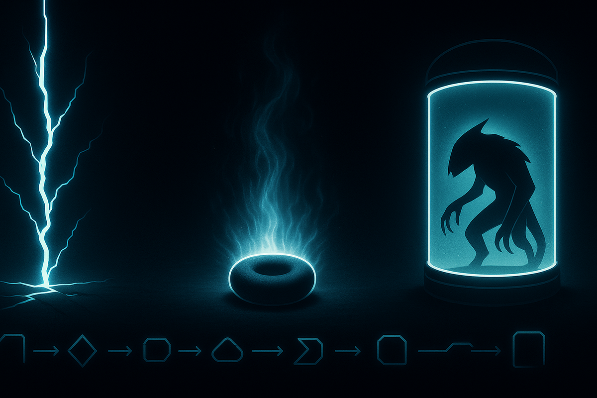 Futuristic glowing blueprint—electric bolt, steaming donut, and captured creature in a neon chamber; energy circuit symbols flowing below; creation, evolution, and discovery visualized in cyan firelight