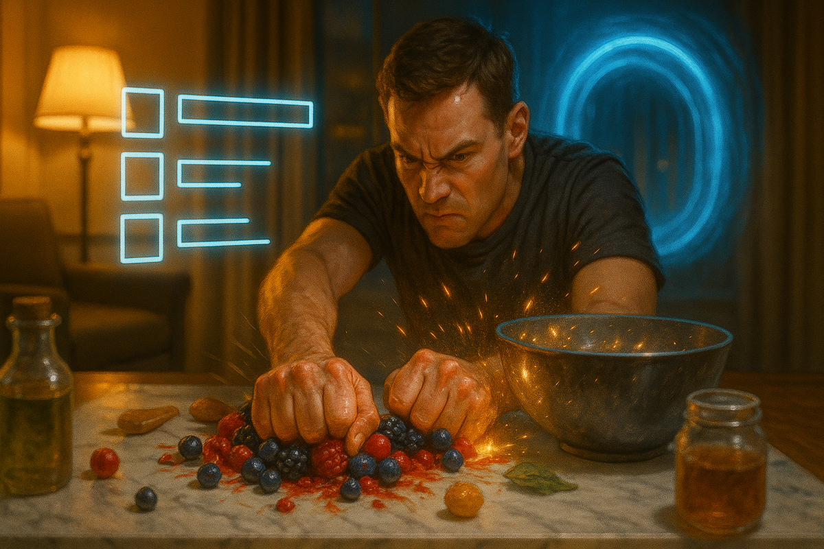 Fierce hands crushing mixed berries on a kitchen counter—holographic checklist bars and blue portal glow behind, gritty focus, stubborn resolve, “craft it now” intensity