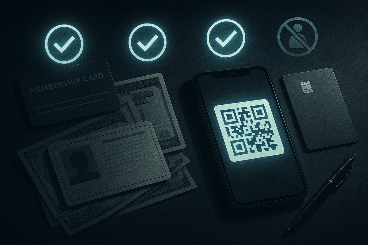 Purchase essentials laid out: ID, membership card, cash, payment card, and a QR-style pass—calm readiness, confident checklist energy, zero-mistake mindset