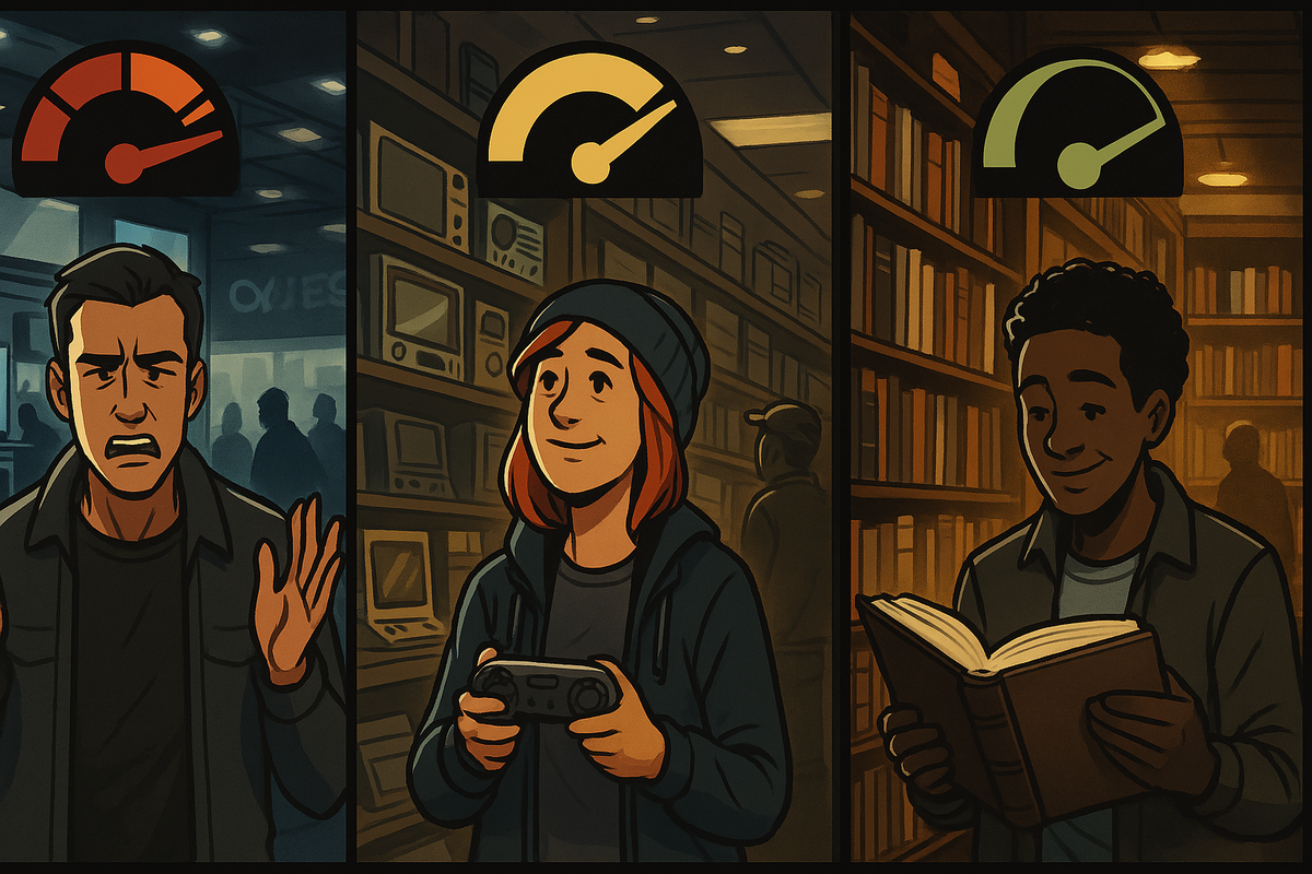 Three-way retailer showdown in split panels with difficulty gauges—frustration vs optimism vs calm clarity, decisive comparison to pick your best shot