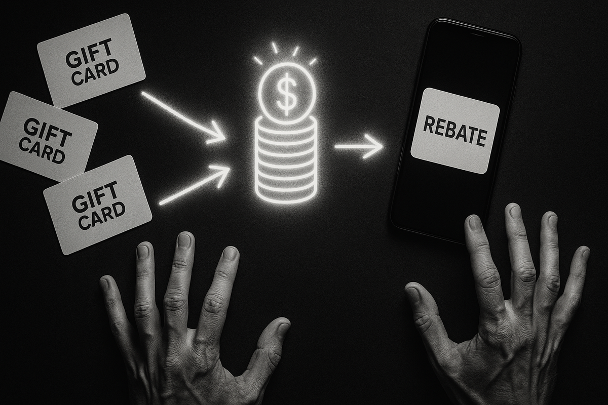 16:9 — dramatic flat-lay: generic gift cards, a glowing cashback coin stack, a phone showing a blank “rebate” tile, arrows linking three reward sources into one bright total; ecstatic hands mid-grab, pulse-racing excitement; sharp studio lighting, high contrast; no logos, no text