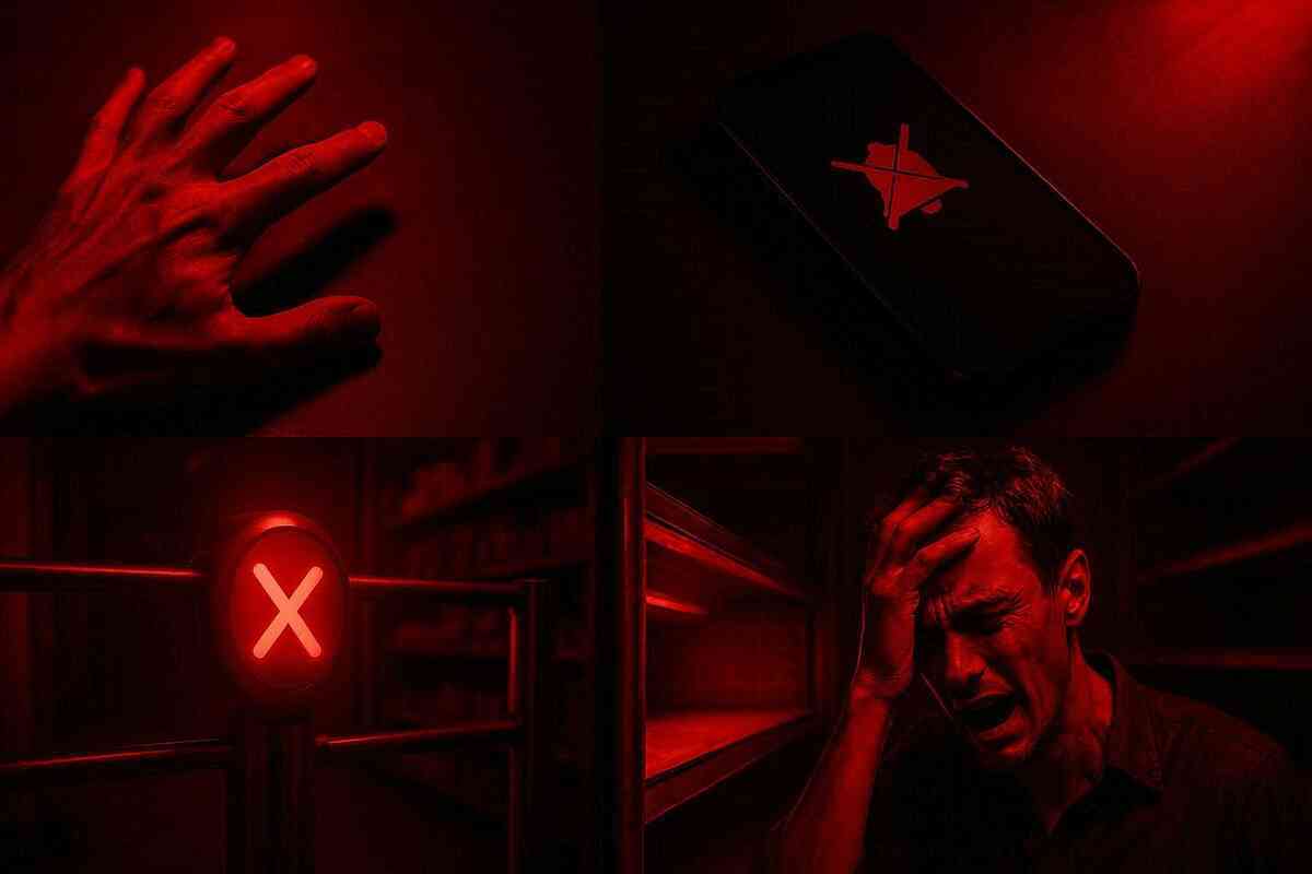 16:9 — intense caution montage: a hand reaching too late, a muted phone with crossed bell icon, a blocked checkout gate, an empty shelf glow; bold red warning light reflections and harsh shadows; frustration, panic, regret; no logos, no text