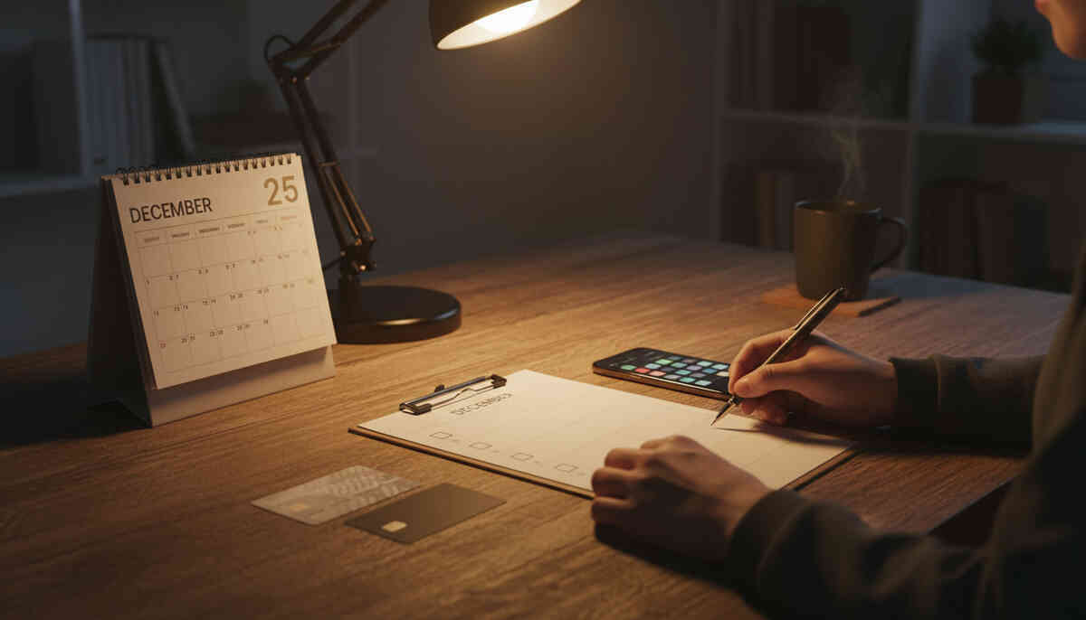 16:9 — cozy but intense prep desk at night: checklist sheet with blank boxes, calendar flipped to late December, phone with notification toggles (no text), neatly lined payment card and gift card; calm focused hands, breathy determination; warm practical lighting; no logos, no text