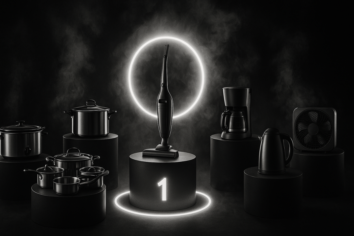Seven-item deal podiums under smoky spotlights—unbranded home appliances staged like trophies with a bright #1 winner—winner-takes-all excitement, electric anticipation, proud “I found the best value” thrill