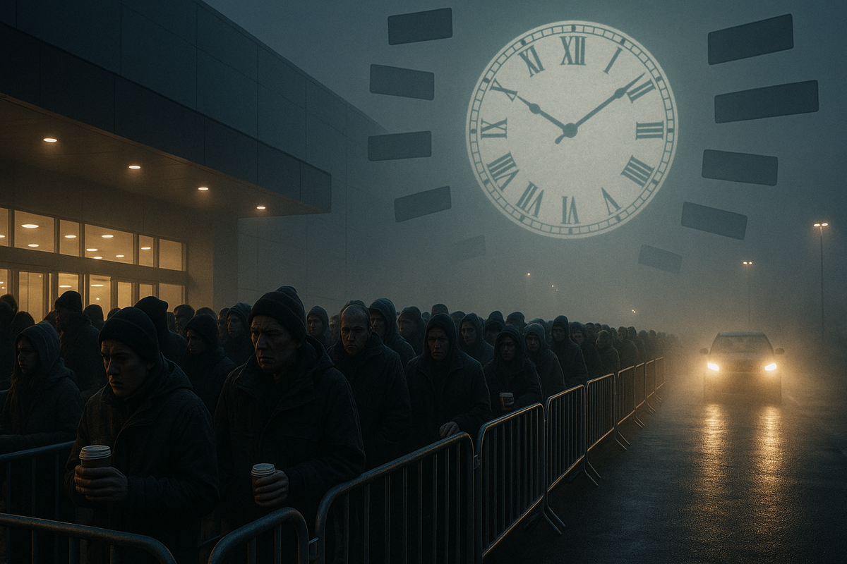 Icy dawn queue outside a massive mall entrance—endless line behind barriers, foggy headlights, huge clock projection overhead—grim patience, anxious hope, “will it sell out before I’m in?” dread