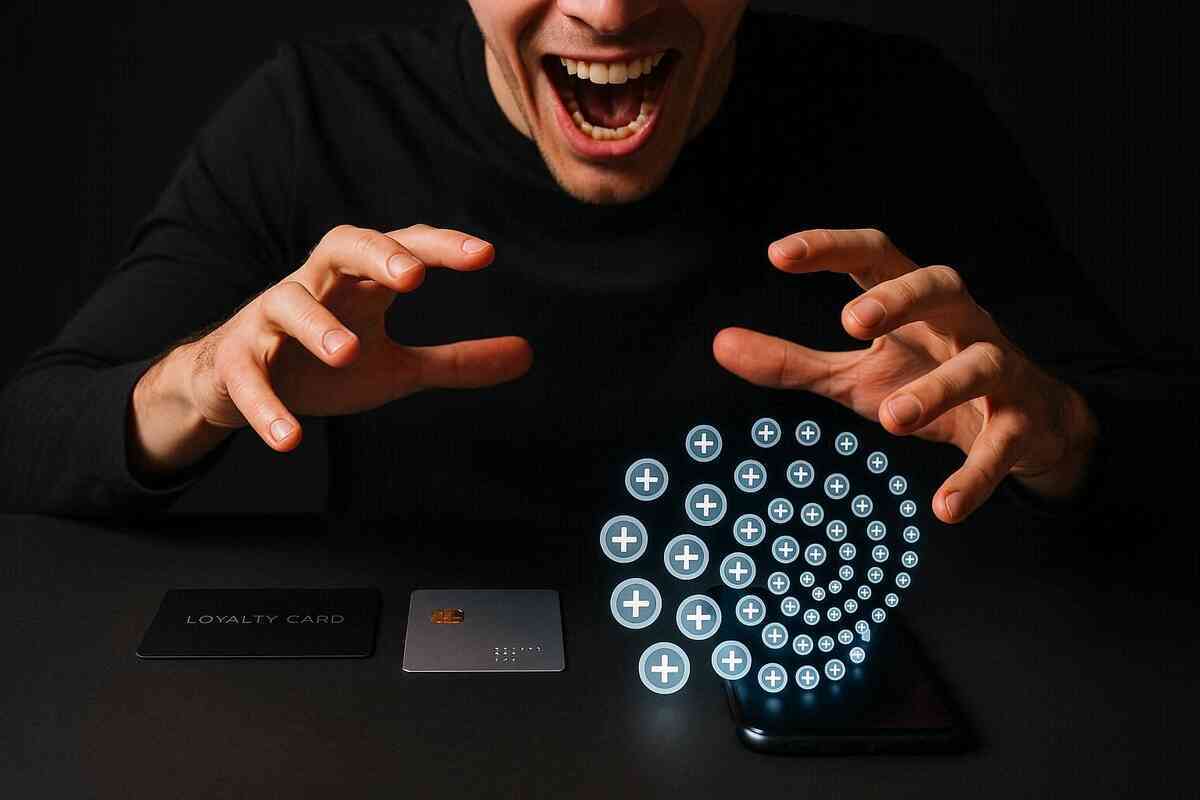 Loyalty points exploding from a smartphone in glowing plus symbols—cards on the table, hands reaching like a jackpot—wild savings euphoria, greedy excitement, “I’m multiplying rewards” power-up vibe