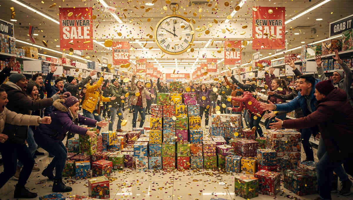 Explosive New Year sale frenzy in a packed store aisle—crowds cheering with arms outstretched as gold confetti and coins rain down on stacked mystery boxes, giant clock overhead—pure FOMO, electric joy, grab-it-now adrenaline