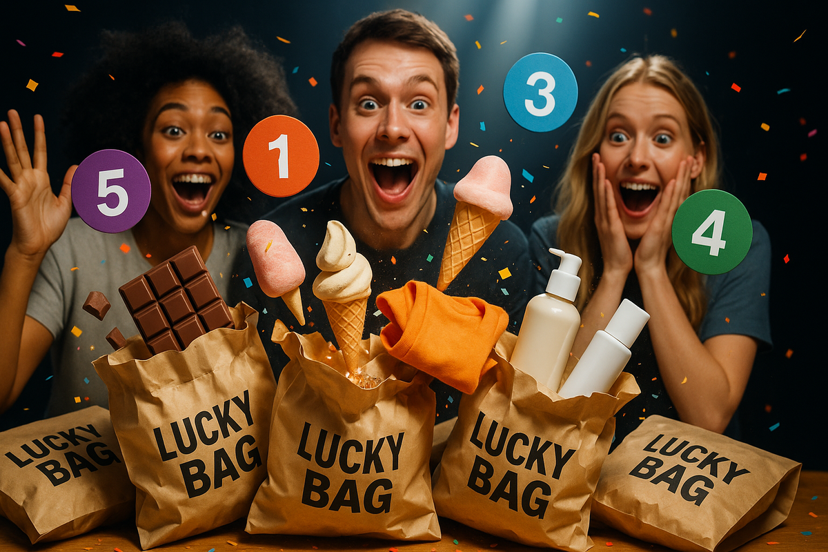 Three ecstatic shoppers exploding with confetti as “lucky bags” burst open with sweets, ice cream treats, and beauty items—pure dopamine, top-picks ranking hype, can’t-believe-this joy