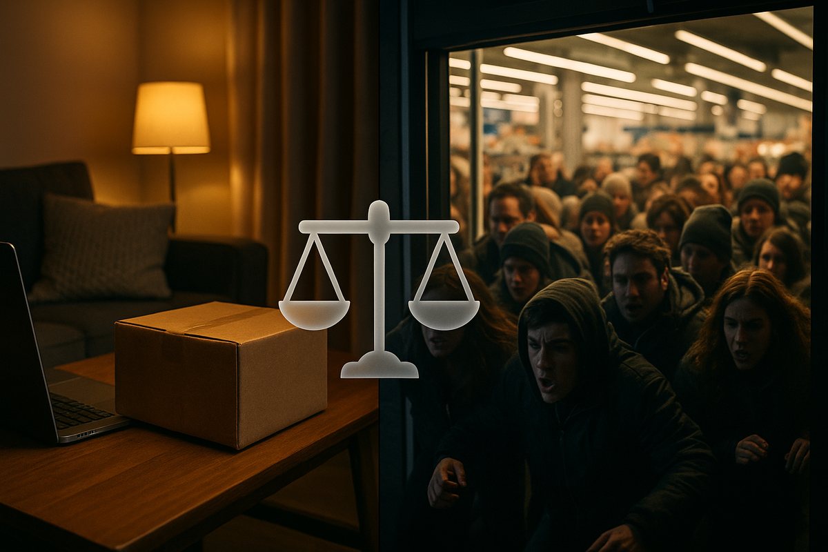 Split scene: cozy home desk with laptop and delivery box vs a tense crowd pressing at store doors, a balance-scale icon in between—calm certainty vs chaotic urgency, choose your best buying route