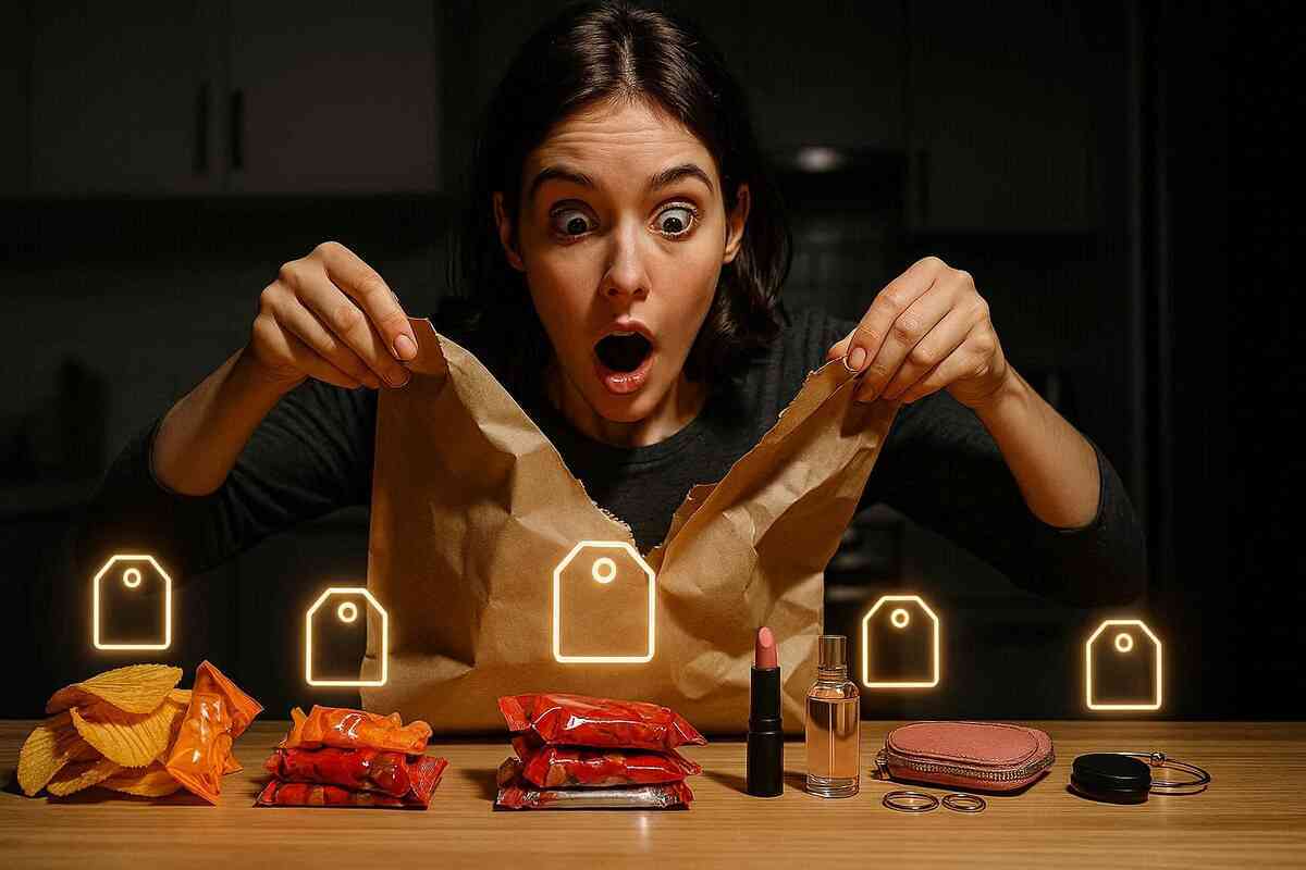 Wide-eyed shock unboxing a paper bag as snacks and beauty items line the table with glowing price-tag icons—jaw-dropping reveal, satisfying value-check thrill, “what did I just score?”