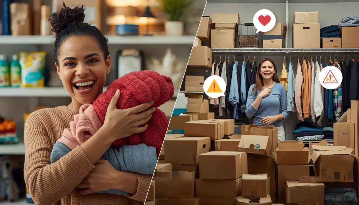 Split personality moment: smiling saver hugging fluffy towels vs an overwhelmed closet packed with boxes and clothes, with heart and warning icons—feel-good bargain wins vs clutter anxiety, who should buy or skip